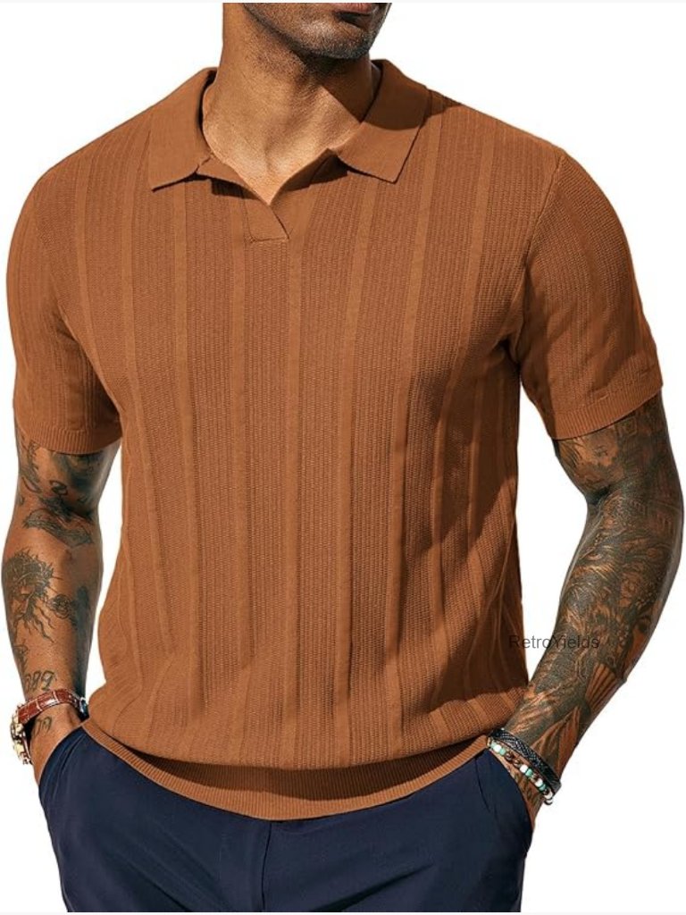 Men's Regular Fit Textured V-Neck Knit Golf Polo Shirt Short Sleeve